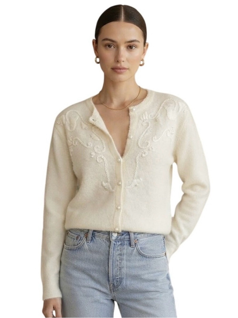 la Redoute Lambswool Angora Cardigan Faux Pearl Embroidered Floral Size Small